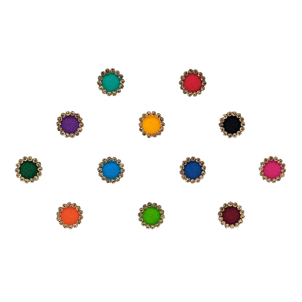 Comet Busters Multicolor Round Velvet Bindi With Gold Stone Border 6 1033
